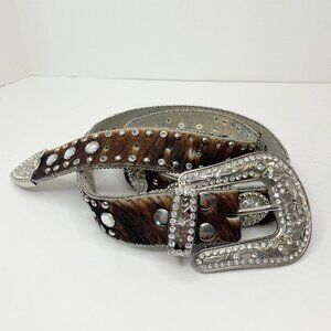 Nocona Leather Belt Women's L (39) Brown Calf Hair Studded Rhinestone Western